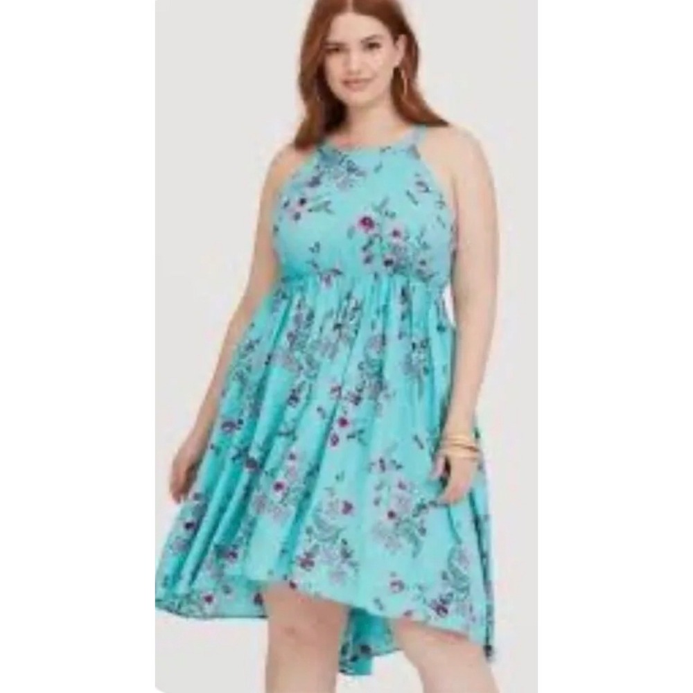 Torrid Women 00 Plus Turquoise Floral High Low Halter Midi Dress Pink Purple